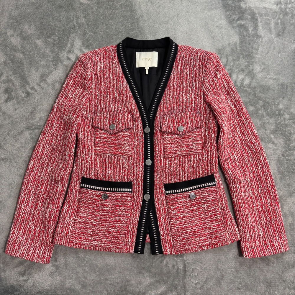 Maje Vivor Red Tweed Boucle Jacket Blazer Black Trim Silver Buttons Size 36